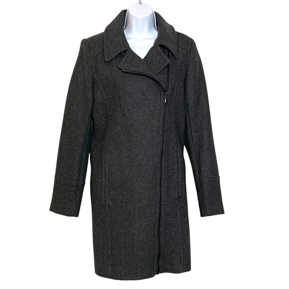 Worthington Womens SZ M Lined Gray Wool Asymmetrical Zip Collared Pea Coat - Picture 1 of 9